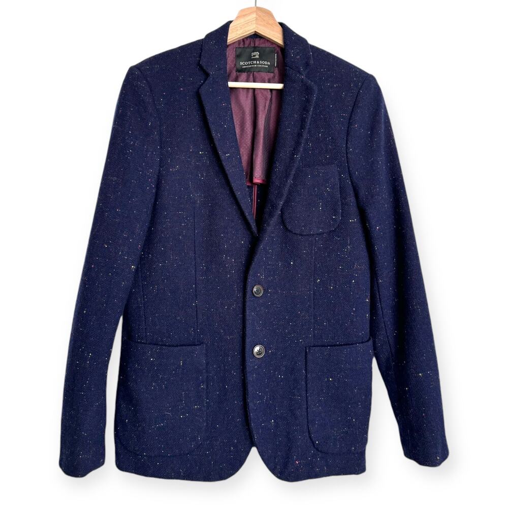 Scotch & Soda Navy Blue Wool Tweed Slim Fit Two Button Blazer Men's Size M/48